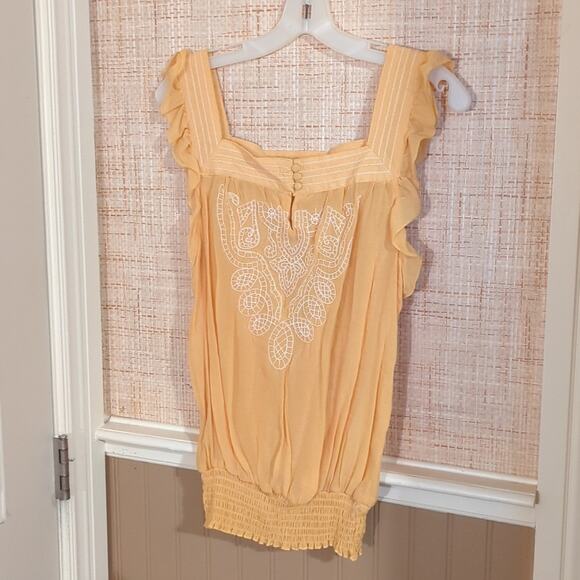 Strawberry Yellow Gauzy Boho Box Neck Ruffle Cap Sleeve Smocked Hem Top Size L - Picture 1 of 9